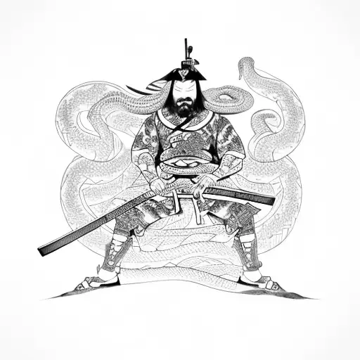 Tattoo on thigh of a samurai with a snake in Japanese style tattoo design idea