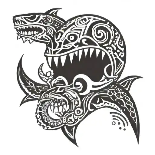 Polynesia style. shark and bird and spider and snake in to skull tattoo design idea