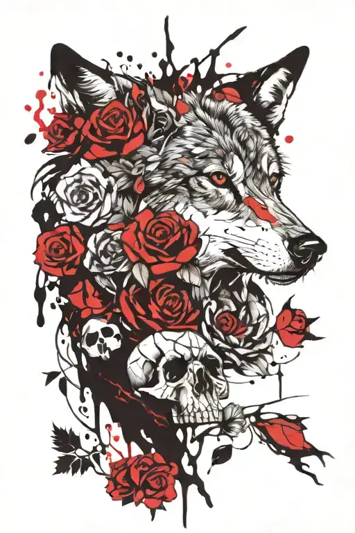 wolf, Skulls and roses intertwined tattoo design idea