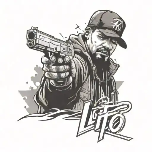 the name Lito in a street/hustler theme letertype with a Glock 42 on the background tattoo design idea