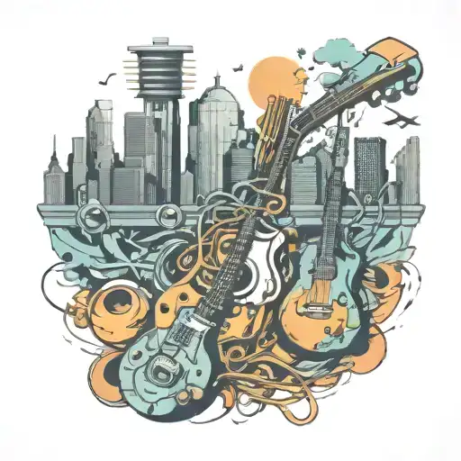 An abstract design of musical instruments morphing into a city skyline, representing the connection between music and urban life tattoo design idea