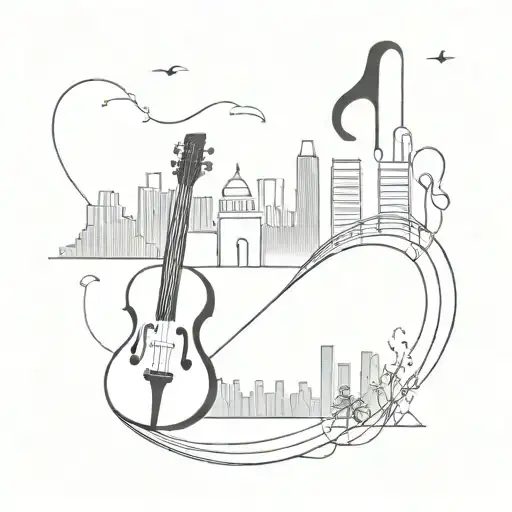 An abstract design of musical instruments morphing into a city skyline, representing the connection between music and urban life tattoo design idea