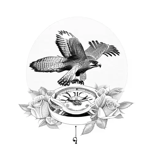 red tail hawk holding stem of roses with a clock in the middle tattoo design idea