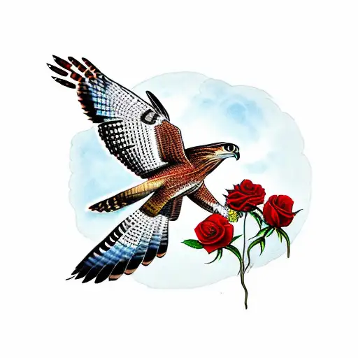 red tail hawk holding stem of roses with a clock in the middle tattoo design idea