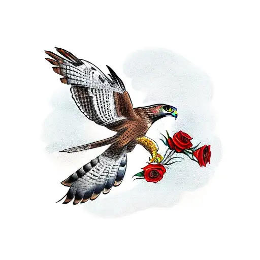 red tail hawk holding stem of roses with a clock in the middle tattoo design idea
