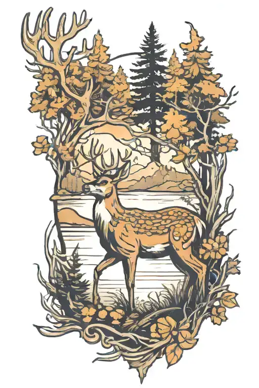 deer in deep forest with lake in the background  tattoo design idea