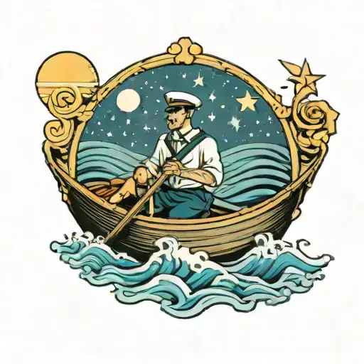 sailor in a row boat with map on the waves with stars tattoo design idea