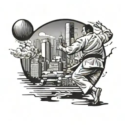 A judo master executing a perfect throw in front of the skyline of city 7232 tattoo design idea