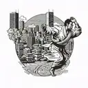 A judo master executing a perfect throw in front of the skyline of city 7232 tattoo design idea