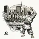 A judo master executing a perfect throw in front of the skyline of city 7232 tattoo design idea