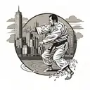 A judo master executing a perfect throw in front of the skyline of city 7232 tattoo design idea