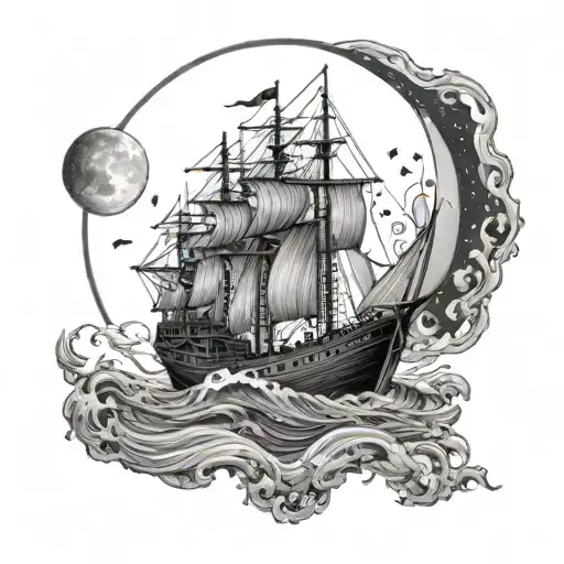 a sea boat sailing at night moon  surrounded and on the boat a mother holding her baby tattoo design idea