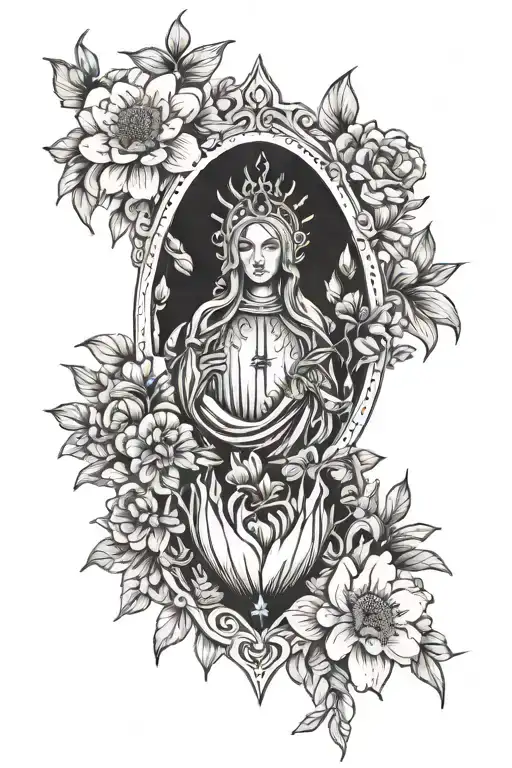 Immaculate heart of Mary surrounded by wildflowers tattoo design idea