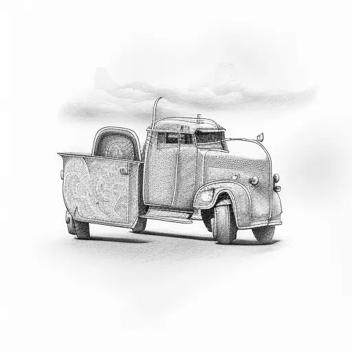 A truck driving along a winding road with a guitar in the back tattoo design idea