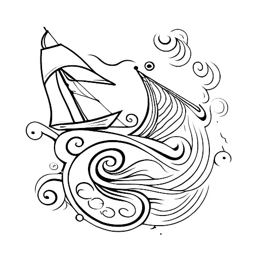 A minimalist tattoo of a boat sailing through musical waves tattoo design idea
