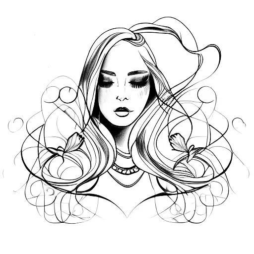 An elegant fashion model with flowing hair and a makeup brush in hand tattoo design idea