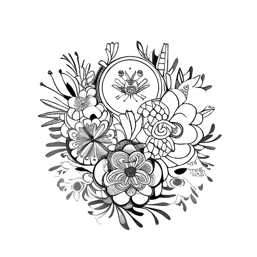 A stylish hairbrush and a compact mirror surrounded by floral elements tattoo design idea