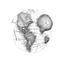 A surfboard with a map of different travel destinations tattoo design idea