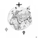 A surfboard with a map of different travel destinations tattoo design idea