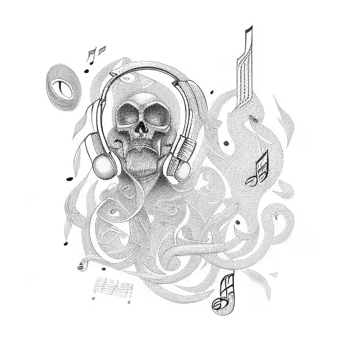 Thinker surrounded by musical notes tattoo design idea