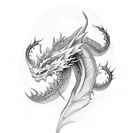 Black Fantasy Dragon with Red Roses  tattoo design idea