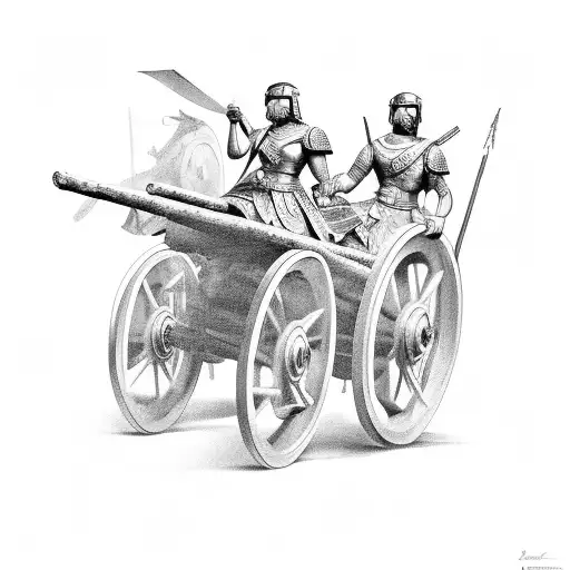 Roman battle chariot pulled by 2 horses tattoo design idea