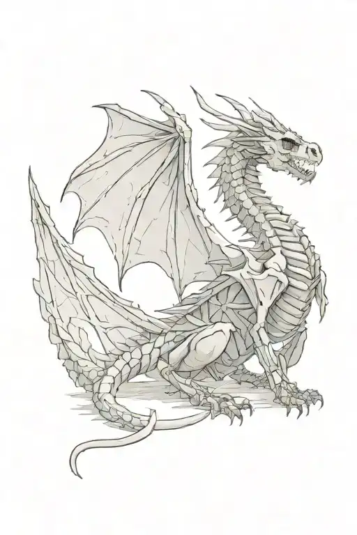 dragon skeleton sitting looking backwards, one top corner one wing, the other top corner the neck twisting back.  tattoo design idea