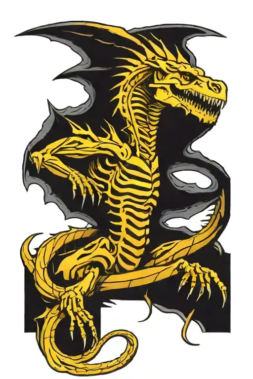 dragon skeleton sitting looking backwards, one top corner one wing, the other top corner the neck twisting back.  tattoo design idea