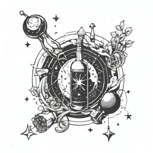 A celestial-themed tattoo design incorporating astrology symbols and constellations, with a hidden wine bottle and glass intertwined in the design tattoo design idea