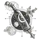 A celestial-themed tattoo design incorporating astrology symbols and constellations, with a hidden wine bottle and glass intertwined in the design tattoo design idea