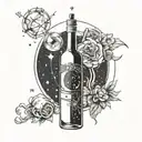 A celestial-themed tattoo design incorporating astrology symbols and constellations, with a hidden wine bottle and glass intertwined in the design tattoo design idea