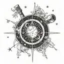 A celestial-themed tattoo design incorporating astrology symbols and constellations, with a hidden wine bottle and glass intertwined in the design tattoo design idea