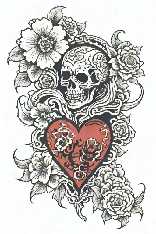 heart and flower of death with a Japanese fighter tattoo design idea