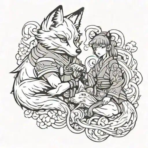 a Japanese fox and daughter fighter tattoo design idea