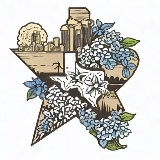 Texas outline with dallas , tx skyline and bluebonnets tattoo design idea