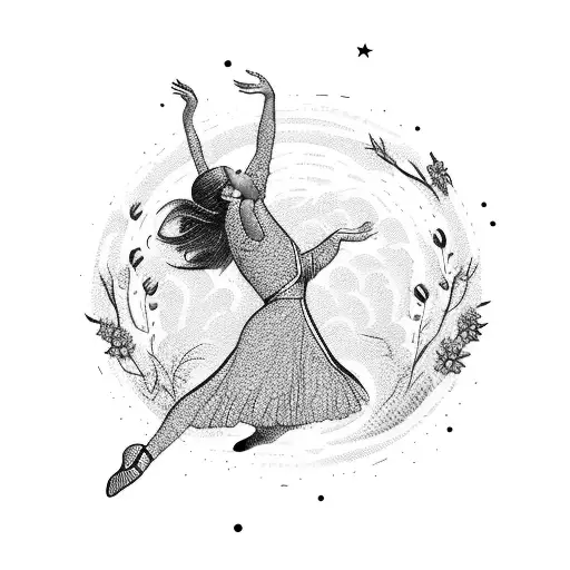 A whimsical scene of a dancer gracefully leaping across a moonlit landscape surrounded by flowers tattoo design idea