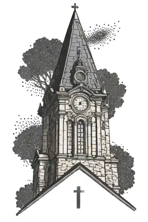 A minimalist design of a church steeple with Roman numerals of your wedding date subtly integrated tattoo design idea