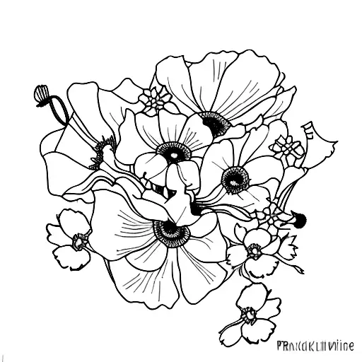 A bouquet of primroses, poppies, morning glories, and chrysanthemums tattoo design idea