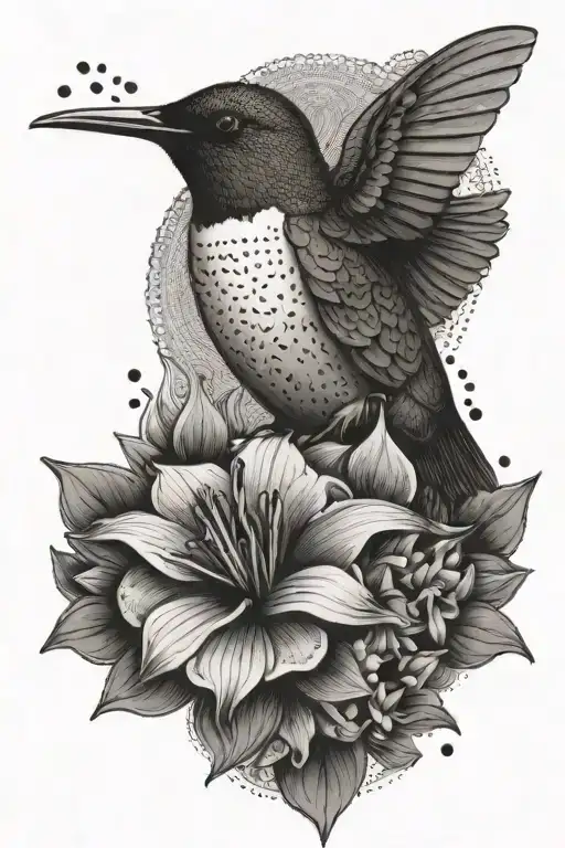 A hummingbird feeding from a penguin-shaped flower, with subtle Kansas City Chiefs elements in the background tattoo design idea