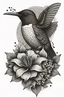 A hummingbird feeding from a penguin-shaped flower, with subtle Kansas City Chiefs elements in the background tattoo design idea