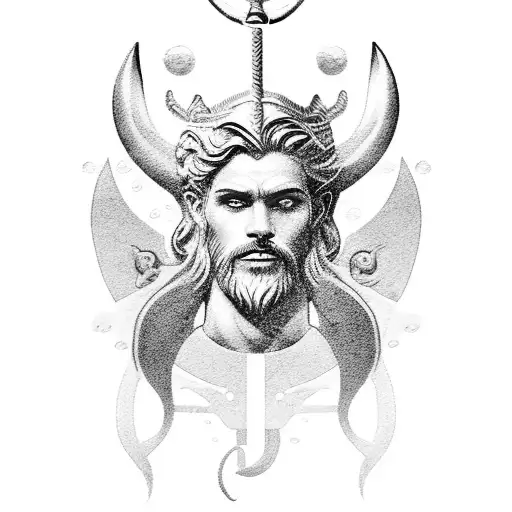 Illustrate the Greek god Poseidon in a black-grey style, incorporating elements associated with the zodiac sign Aquarius tattoo design idea