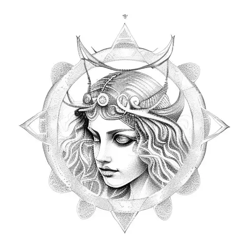 Merge the Greek goddess Aphrodite with the zodiac sign Scorpio in a dotwork style tattoo design idea