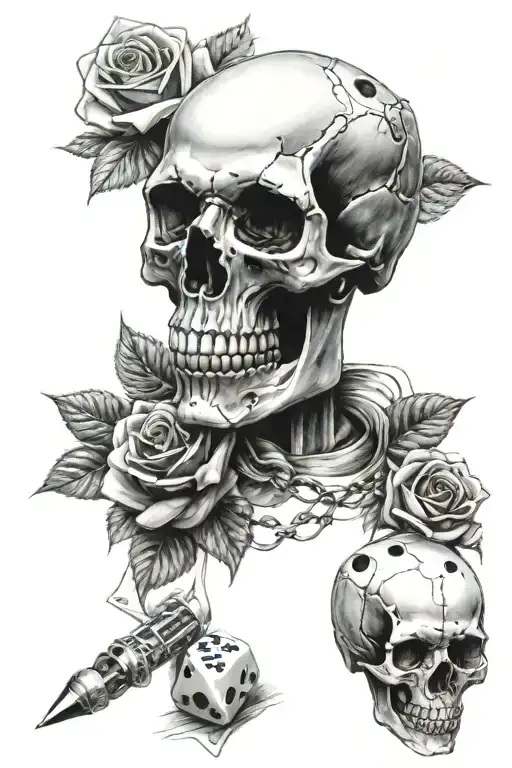 roses, one skull and one dice  tattoo design idea