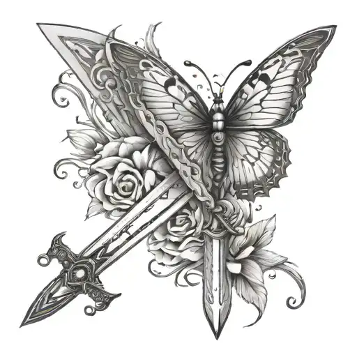 a sword with a butterfly on the blade tattoo design idea