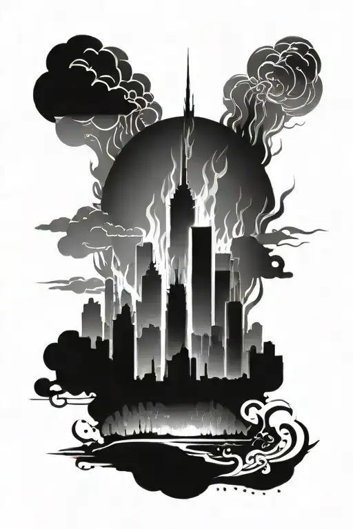 burning city skyline silhouette tattoo design idea