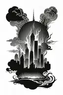 burning city skyline silhouette tattoo design idea