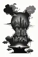 burning city skyline silhouette tattoo design idea
