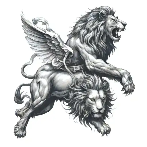 lion jumping upwards with a guardian angel behind it with a sword tattoo design idea