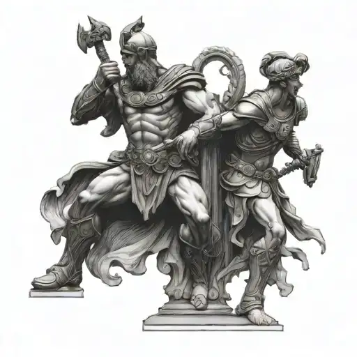 Please generate an image in black and grey of two statues. The first statue is of ares, the god of war who is passing a  tattoo design idea