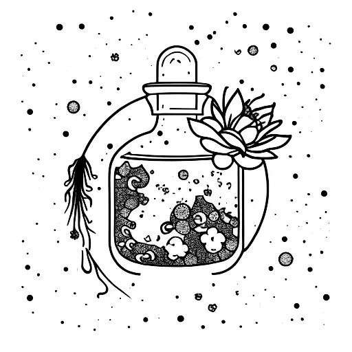 potion bottle, seaweed, flower, magic sparkles tattoo design idea